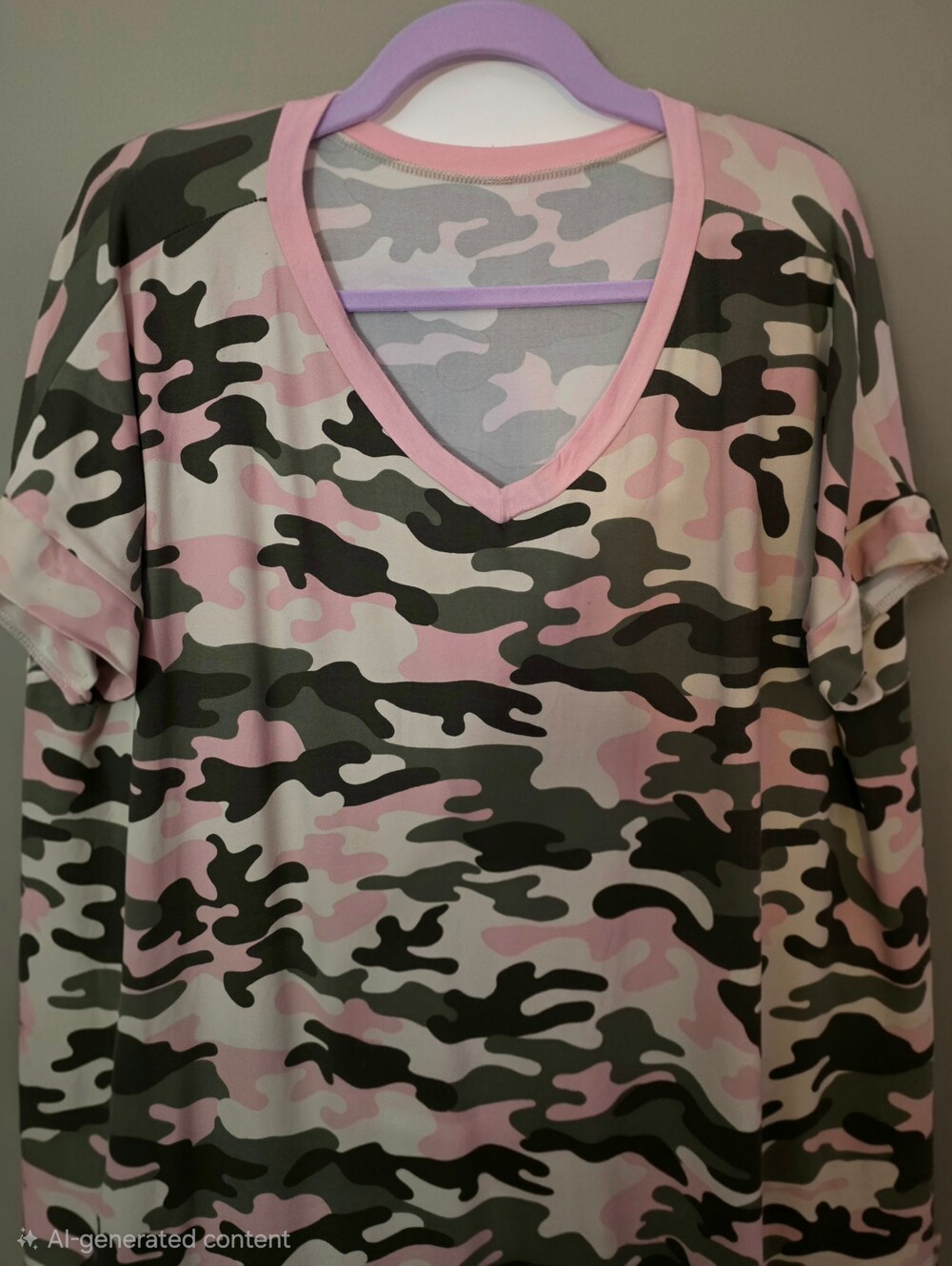 Women's Plus Size - Pink Camo Short Sleeve V-Neck T-Shirt Dress with Pockets
